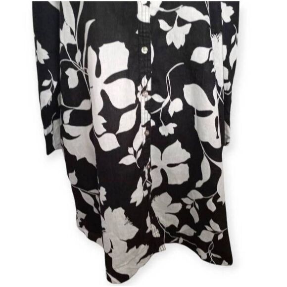 CYNTHIA ROWLEY BLACK & WHITE FLORAL LINEN TENT DRESS W/POCKETS SZ.L EUC. - Picture 4 of 8